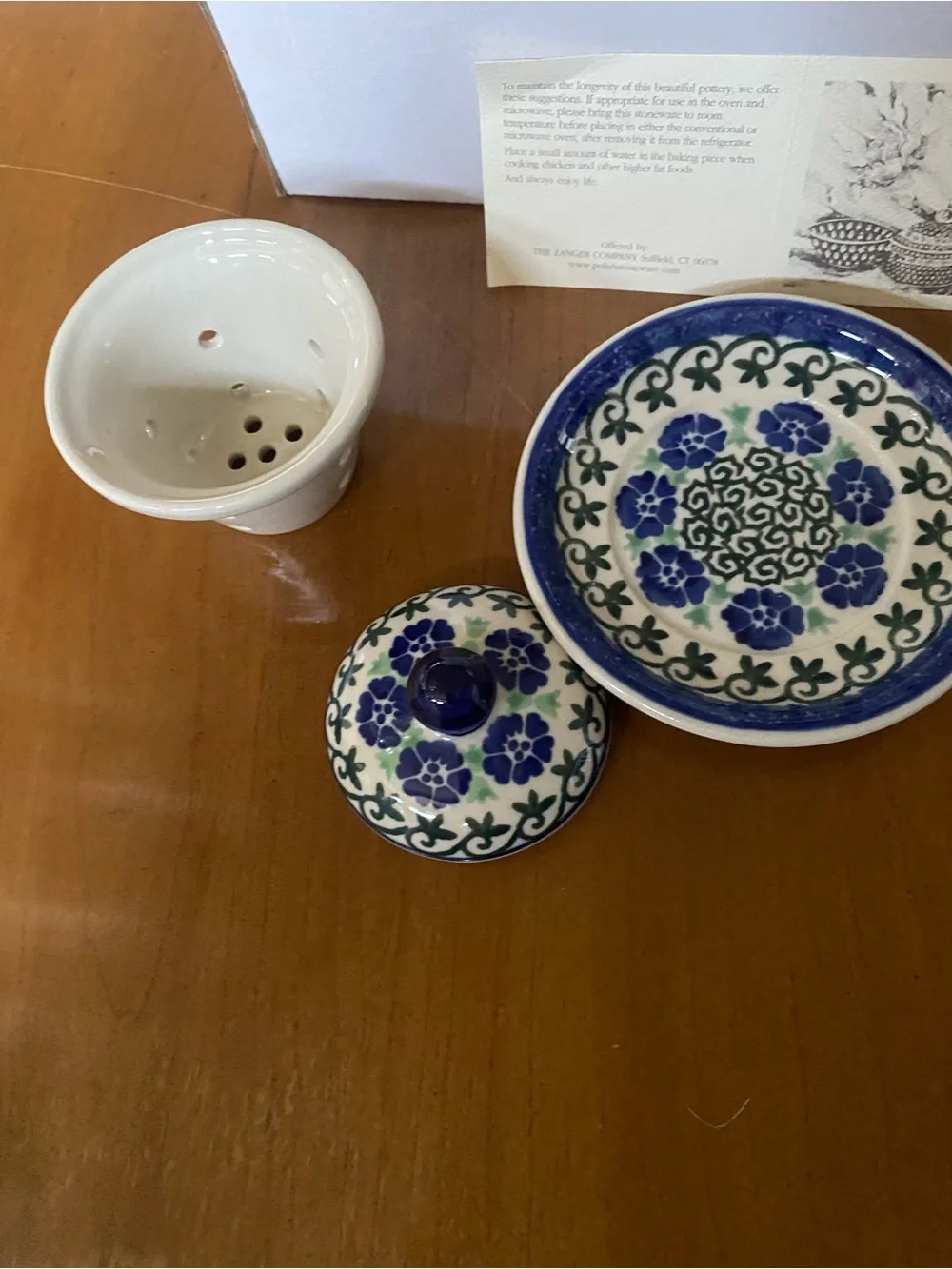 NWT Polish Pottery Hand-Painted 5 piece Tea Mug with Lid, Saucer & Spoon - Blue